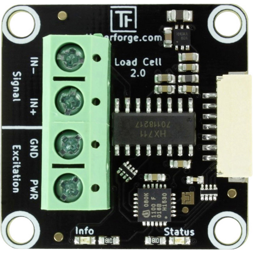 Mikrocontrollerplatine mit grünen Anschlussklemmen und Beschriftungen für 'IN-', 'IN+', 'GND', und 'PWR' auf schwarzem Hintergrund.